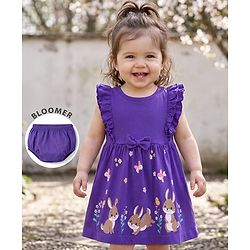 Babyhug Cotton Knit Frocks with Bloomer/Short with Ruffle Sleeves and Bunny Print Lavender 0-0 Months