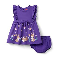 Babyhug Cotton Knit Frocks with Bloomer/Short with Ruffle Sleeves and Bunny Print Lavender 0-0 Months