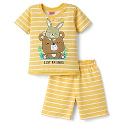 Babyhug Cotton Knit Half Sleeves T-Shirt & Shorts Night Suit with Teddy Print - Yellow