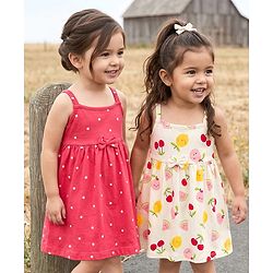 Babyhug Single Jersey Knit Sleeveless Frocks with Fruit & Polka Dot Print Bow Applique Pack of 2 - Multicolor