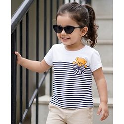 Babyhug Cotton Knit Half Sleeves Striped T-Shirt with Bear Print - White & Blue