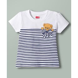 Babyhug Cotton Knit Half Sleeves Striped T-Shirt with Bear Print - White & Blue