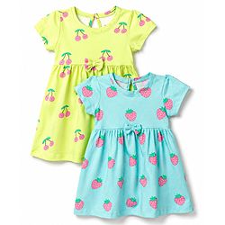 Babyhug Single Jersey Knit Half Sleeves Frocks with Fruit Print & Bow Applique Pack of 2 - Multicolor