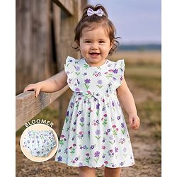 Babyhug Single Jersey Knit Half Sleeves Frock With Floral Print & Bloomer - Multicolor