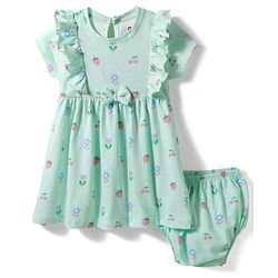 Babyhug Single Jersey Knit Half Sleeves Tropical Theme Printed Frock with Bloomer - Sea Green