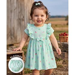 Babyhug Single Jersey Knit Half Sleeves Tropical Theme Printed Frock with Bloomer - Sea Green
