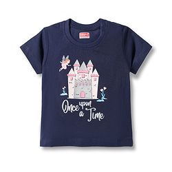 Babyhug Cotton Knit Half Sleeves T-Shirt & Capri Night Suit With Fairy & Castle Print - Navy Blue