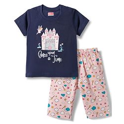 Babyhug Cotton Knit Half Sleeves T-Shirt & Capri Night Suit With Fairy & Castle Print - Navy Blue