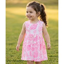 Babyhug Single Jersey Knit Sleeveless Frock With Leaf Print & Bow Applique - White