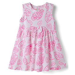Babyhug Single Jersey Knit Sleeveless Frock With Leaf Print & Bow Applique - White