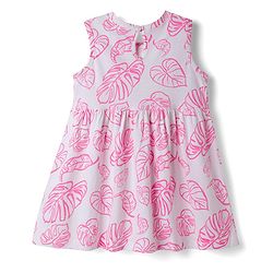 Babyhug Single Jersey Knit Sleeveless Frock With Leaf Print & Bow Applique - White