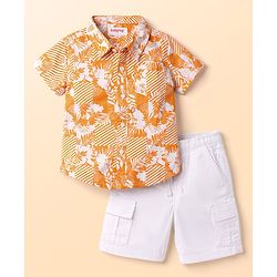 Babyhug Cotton Woven Half Sleeves Shirt & Denim Shorts Set with Tree Print - Multicolor