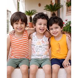 Babyhug 100% Cotton Knit Sleeveless Striped & Animal Printed Sando Vests Pack of 3 - Multicolor