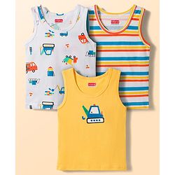Babyhug 100% Cotton Knit Sleeveless Striped & Vehicles Printed Vests Pack Of 3 - Multicolour