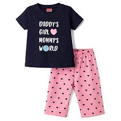 Babyhug Cotton Knit Half Sleeves T-Shirt & Capri Night Suit with Heart Print - Navy Blue