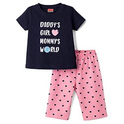 Babyhug Cotton Knit Half Sleeves T-Shirt & Capri Night Suit with Heart Print - Navy Blue