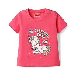 Babyhug Cotton Knit Half Sleeves T-Shirt & Capri Night Suit with Unicorn Print - Pink & Blue