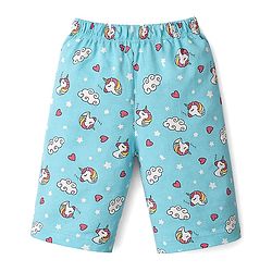 Babyhug Cotton Knit Half Sleeves T-Shirt & Capri Night Suit with Unicorn Print - Pink & Blue