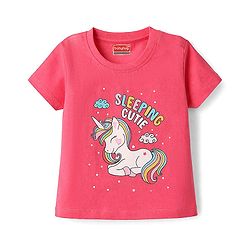 Babyhug Cotton Knit Half Sleeves T-Shirt & Capri Night Suit with Unicorn Print - Pink & Blue