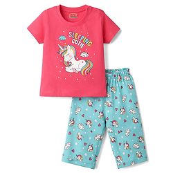 Babyhug Cotton Knit Half Sleeves T-Shirt & Capri Night Suit with Unicorn Print - Pink & Blue