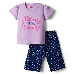 Babyhug Cotton Knit Half Sleeves T-Shirt & Capri Night Suit With Heart Print - Lavender