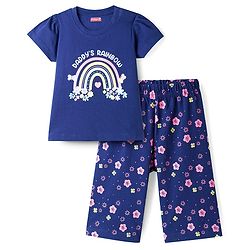 Babyhug Cotton Knit Half Sleeves Floral & Rainbow Printed T-Shirt & Capri Night Suit - Navy Blue