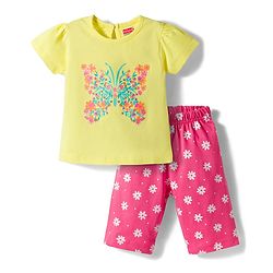 Babyhug Cotton Knit Half Sleeves T-Shirt & Capri Night Suit With Floral Print - Yellow