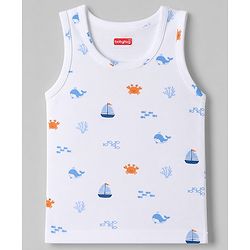 Babyhug 100% Cotton Knit Sleeveless Striped Nautical Theme & Sea Life Printed Vests Pack Of 3 - Blue & White