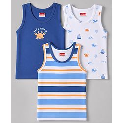 Babyhug 100% Cotton Knit Sleeveless Striped Nautical Theme & Sea Life Printed Vests Pack Of 3 - Blue & White