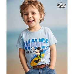 Babyhug Disney Single Jersey Knit Half Sleeves T-Shirt with Mickey Mouse Print -  Sky Blue