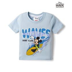 Babyhug Disney Single Jersey Knit Half Sleeves T-Shirt with Mickey Mouse Print -  Sky Blue
