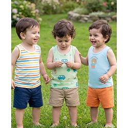 Babyhug 100% Cotton Single Jersey Knit Sleeveless Vests With Bear & Car Print Pack of 3 - Multicolor