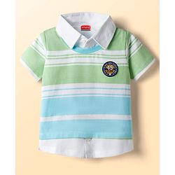 Babyhug 100% Cotton Knit Half Sleeves Overlapped Striped T-Shirt With Badge Detailing - Multicolor