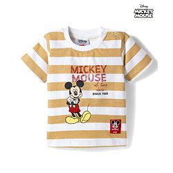 Babyhug Disney Single Jersey Knit Half Sleeves Striped T-Shirt with Mickey Mouse Print- White & Brown