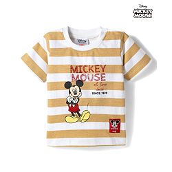 Babyhug Disney Single Jersey Knit Half Sleeves Striped T-Shirt with Mickey Mouse Print- White & Brown