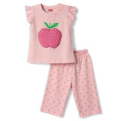 Babyhug Cotton Knit Half Sleeves T-Shirt & Capri Night Suit with Apple Patch - Pink