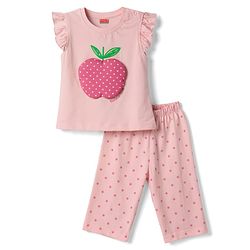 Babyhug Cotton Knit Half Sleeves T-Shirt & Capri Night Suit with Apple Patch - Pink