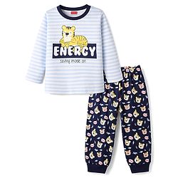 Babyhug Cotton Knit Full Sleeves T-Shirt & Pyjama Night Suit with Tiger Print - Light Blue