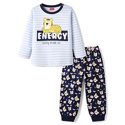 Babyhug Cotton Knit Full Sleeves T-Shirt & Pyjama Night Suit with Tiger Print - Light Blue