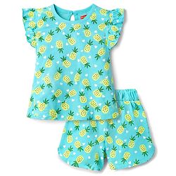 Babyhug Cotton Knit Half Sleeves T-Shirt & Shorts Co-ord Night Suit with Pineapple & Heart Print - Light Blue