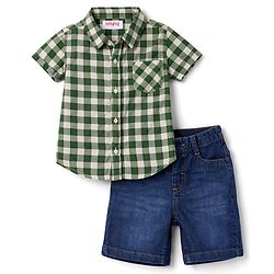 Babyhug Cotton Woven Half Sleeves Checks Shirt & Denim Shorts Set - Green & Blue