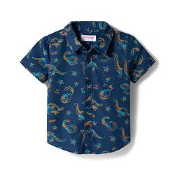 Babyhug Cotton Woven Denim Half Sleeves Shirt & Shorts Set With Dino Print - Blue