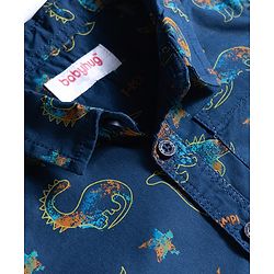 Babyhug Cotton Woven Denim Half Sleeves Shirt & Shorts Set With Dino Print - Blue