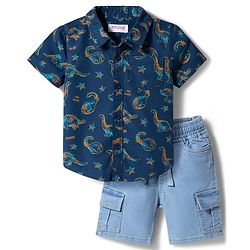 Babyhug Cotton Woven Denim Half Sleeves Shirt & Shorts Set With Dino Print - Blue