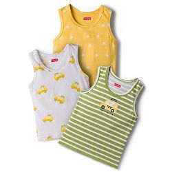 Babyhug 100% Cotton Knit Sleeveless Sando Vests With Taxi & Star Print Pack of 3 - Multicolor