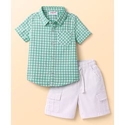 Babyhug Cotton Woven Half Sleeves Checks Shirt & Shorts Set - Green & White