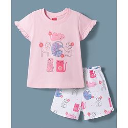 Babyhug Cotton Knit Full Sleeves T-Shirt & Shorts Night Suit With Cat Print - Cream