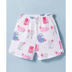 Babyhug Cotton Knit Full Sleeves T-Shirt & Shorts Night Suit With Cat Print - Cream