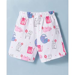 Babyhug Cotton Knit Full Sleeves T-Shirt & Shorts Night Suit With Cat Print - Cream