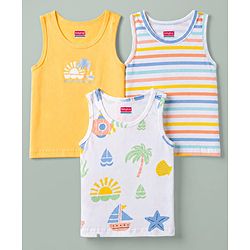 Babyhug 100% Cotton Knit Sleeveless Striped & Nautical Theme Printed Sando Vests Pack Of 3 - Multicolor